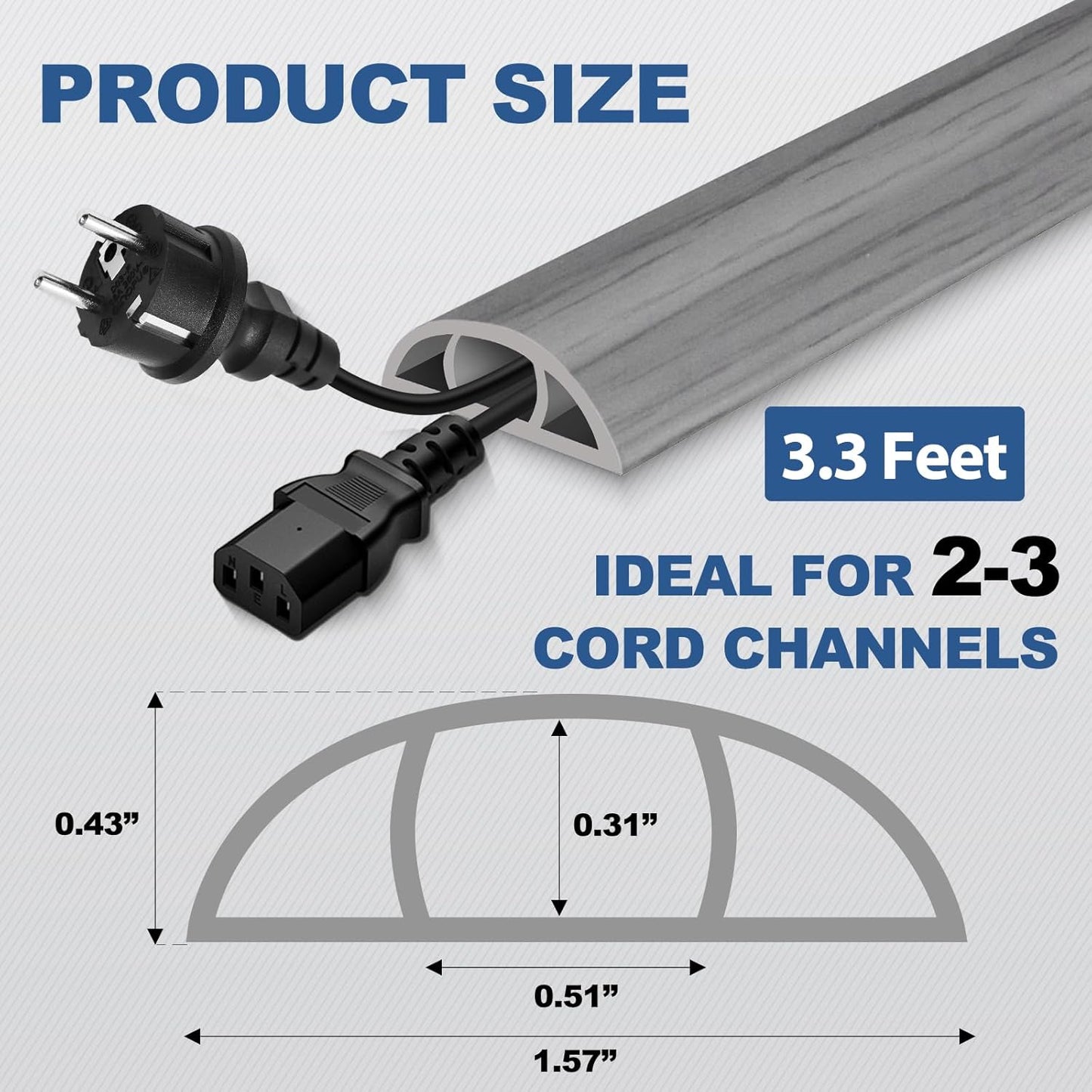 Floor Cord Cover for Wires on Floor Self Adhesive Cord Hider Floor Cable Management Wire Covers for Cords Protector Prevent Cable Trips Cord Cavity W 0.51" x H 0.31", Gray Wood, 3.3Ft