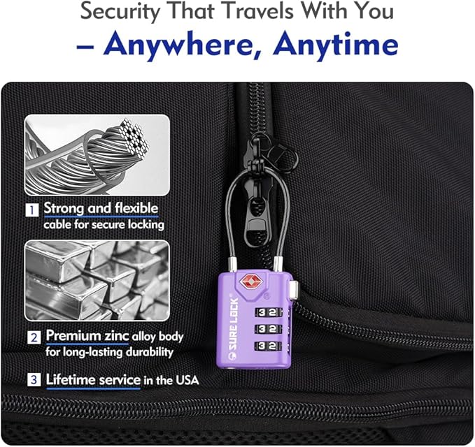 SURE LOCK TSA Compatible Travel Luggage Locks, Inspection Indicator, Easy Read Dials TSA Approved with Zinc Alloy (2, Purple 2 Pack)