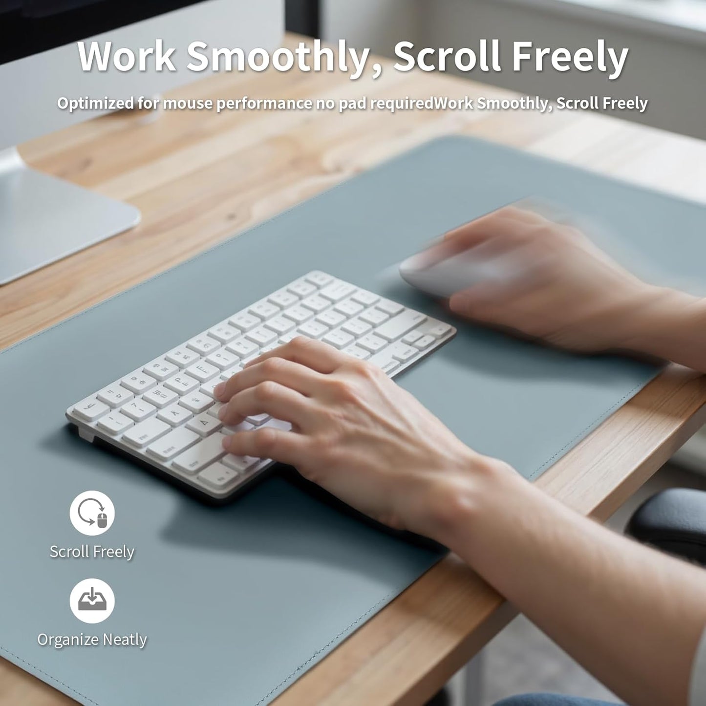 Oversized Non-Slip Desk Pad Protector – Grips Desk Firmly, Anti-Slip Like You've Never Seen! Vegan Leather Waterproof Laptop Mat for Keyboard & Mouse – Large Office Pad– Morning Fog Blue