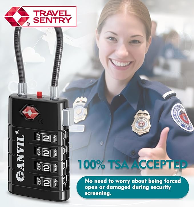 ANVIL 4 Digit Luggage Locks, TSA Locks for Luggage, Advanced TSA008 core, Alert Indicator for Your Travel Lock, Suitcase Lock. (3, Black)