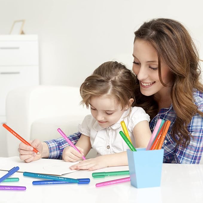 AECHY 12Pcs Dual Tip Markers Pens for Note Taking, Curve Highlighter with 10 Different Curv Shapes & 12 Colors Fine Lines, Colored Curve Pen for Students,Planners,Teachers, Scrapbook Supplies