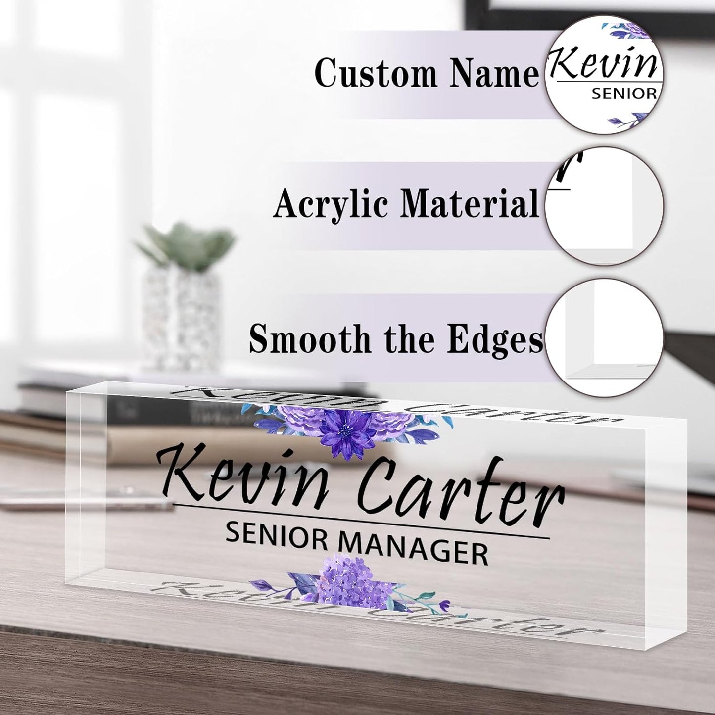 Name Plate for Desk Personalized, Acrylic Desk Decorations, Employee Appreciation Gifts, Custom Office Gifts for Coworkers, Boss, Teacher, Nurse (Purple Flowers)