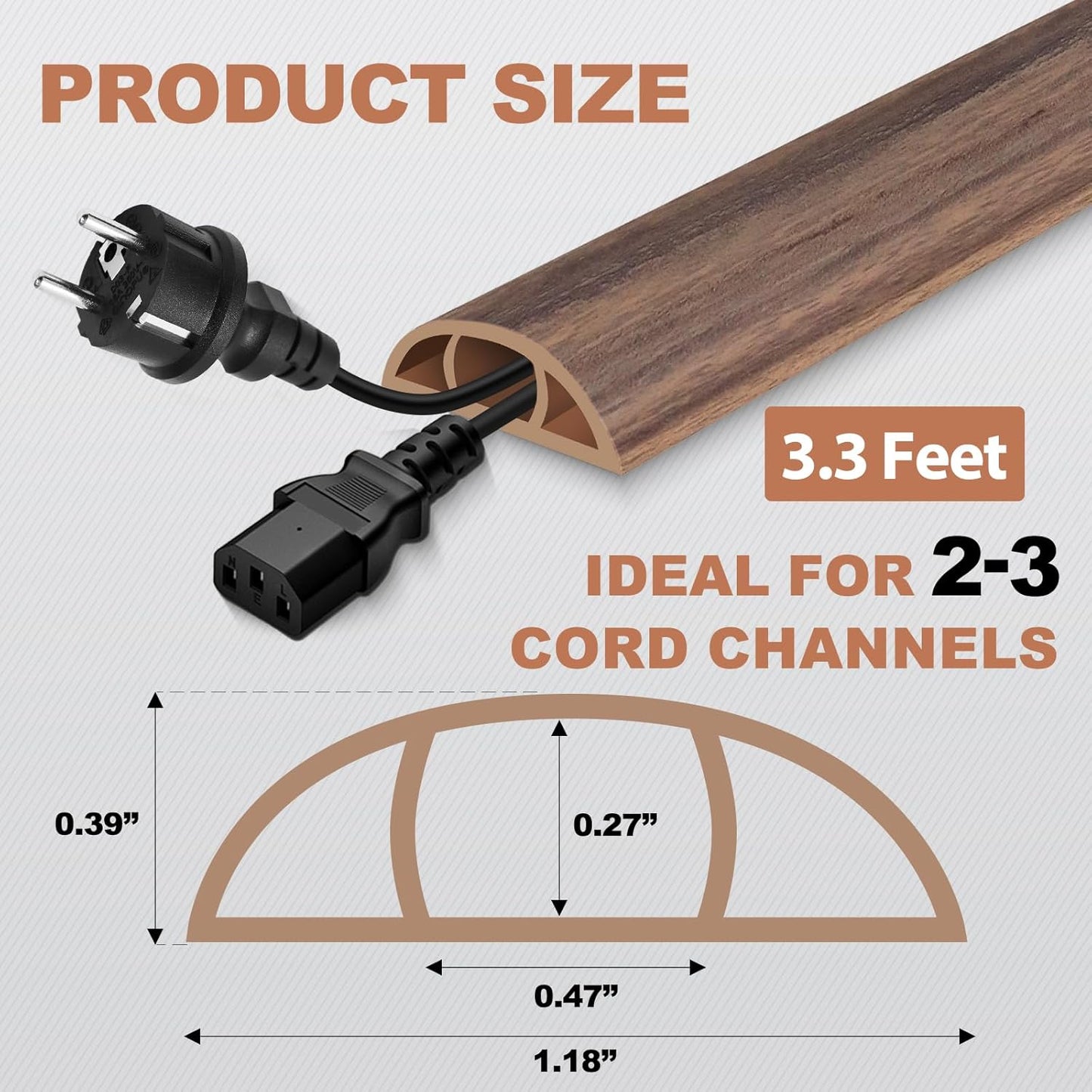 Floor Cord Cover for Wires on Floor Self Adhesive Cord Hider Floor Cable Management Wire Covers for Cords Protector Prevent Cable Trips Cord Cavity W 0.47" x H 0.27", Misty Brown Wood, 3.3Ft