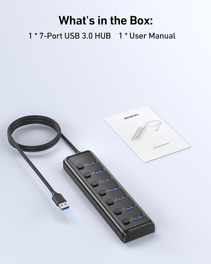 BENFEI USB 3.0 Hub 7-Port, Ultra-Slim Portable USB Splitter with 3.3ft Cable - Compatible with MacBook Pro/Air,Mac Pro, Mac Mini, iMac, Surface Pro, XPS, PC, Flash Drive, Mobile HDD (No Charging Port)