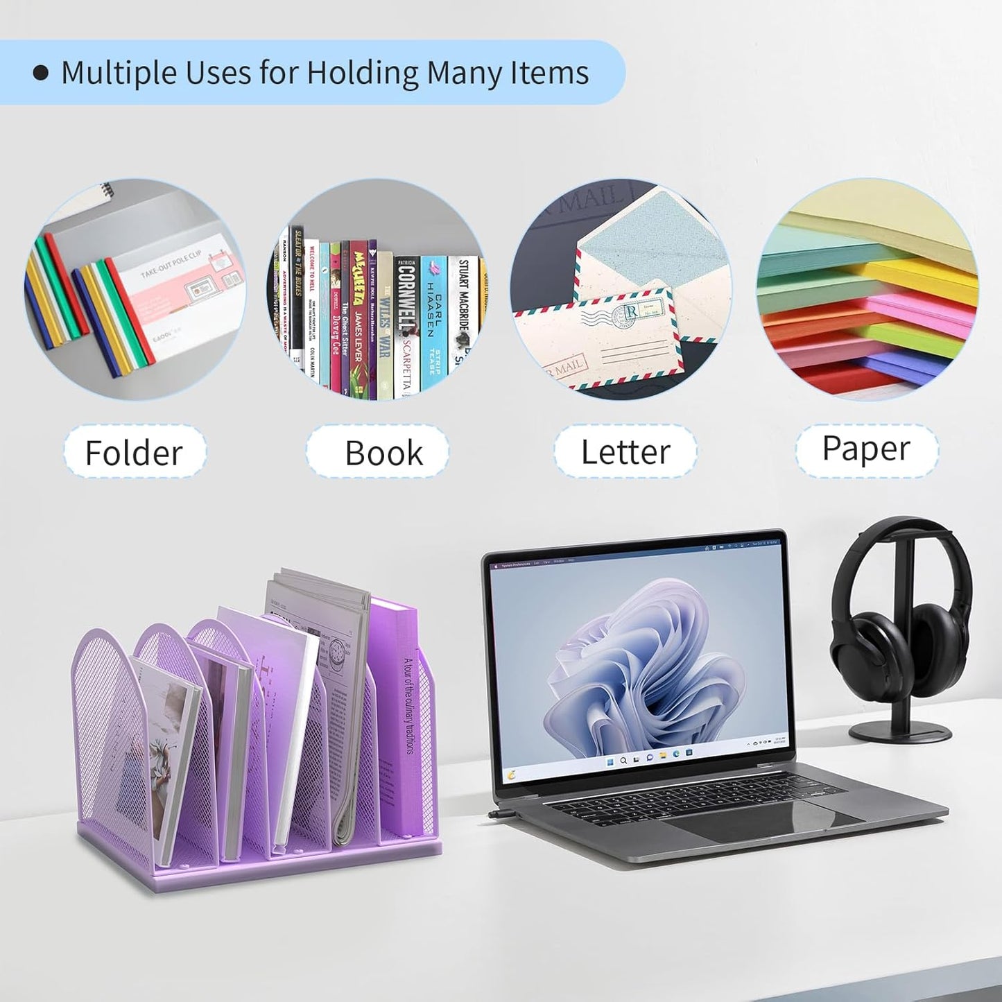 5-Section Vertical Desktop Organizer, 5-Section Mesh File Folder Stand Sorter for Office Home Classroom Organization (1, Purple)