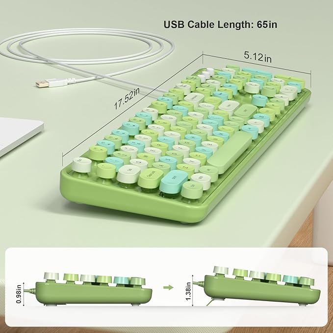 Colorful Computer Keyboards Wired, USB Plug and Play Full Size Typewriter Keyboard, Cute Aesthetic Keyboard with Foldable Stands for Windows PC Laptop (Green)
