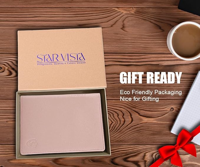 STAR VISTA Phoenix Leather Passport Holder, Calfskin Travel Wallet - RFID Blocking, ID Window, Zipper Pocket, Pen & Notebook Included, Pale Pink