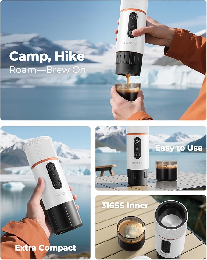 Portable Espresso Maker 20 Bar Self‑Heating & Auto-off | 13500 mAh Battery Brews 8 Shots | 12 V Mini Coffee Machine Compatible with Nespresso Original Pods | Car/Travel/Camping