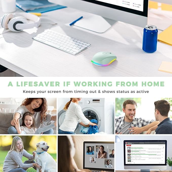 PEIOUS Wireless Mouse Jiggler - LED Wireless Mice with Build-in Mouse Mover, Rechargeable Moving Mouse for Laptop with Undetectable Random Movement Keeps Computers Awake-Light Green