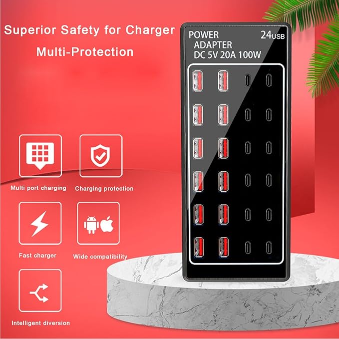 USB Charger Station, C Charging Block, 100W (20A) 24 Port Multiple USBCharger Desktop Wall Charger Hub 12 USB A 12 USB C Compatible for Apple iPhone, iPad, Samsung Galaxy, Laptop, Pixel, Phones