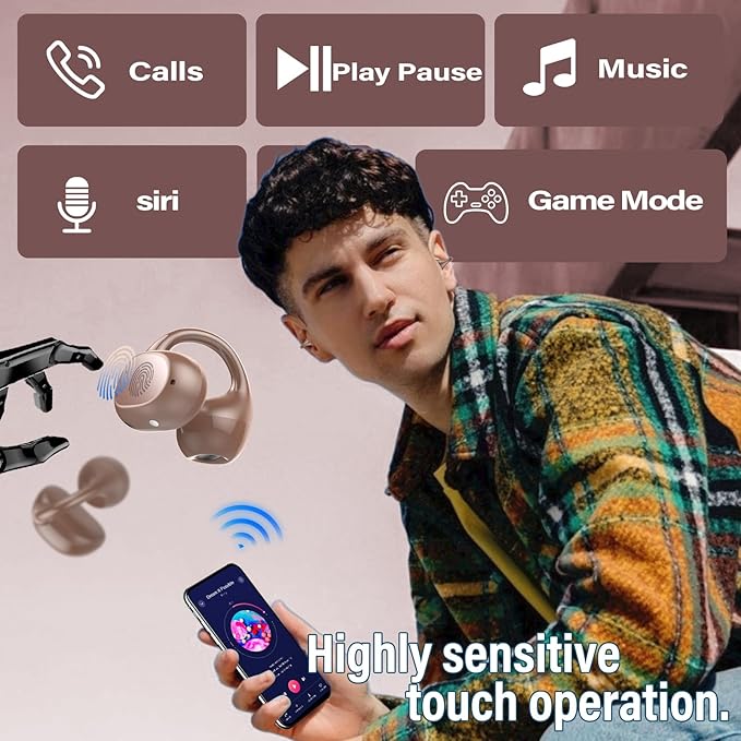 Open Ear Earbuds,Wireless Earbuds Bluetooth 5.4 Ergonomic Clip-On Ear buds, Bone Conduction Over The Ear Headphones 48H Playtime, Perfect Running Headphones for Sports IPX7 Waterproof Touch Controls
