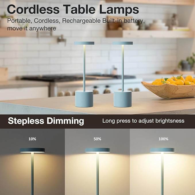 Kakanuo Blue Cordless Lamp, Rechargeable Lamp, Touch Control, 3 Color Temperature, LED Outdoor Wireless, Battery Operated Lamps, Stepless Dimmable, Set of 2