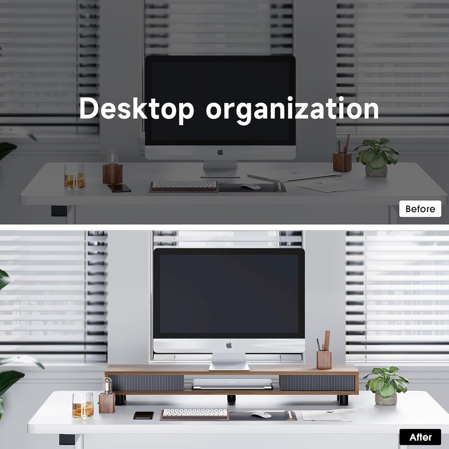 Fenge Dual Monitor Stand, 42.5inch Long Monitor Stands Riser for 2 Monitors, Sliding Door with Storage Organizer Stand for Desk, 2 Tier Desk Shelf for Laptop, Pc, Printer, Computer, TV