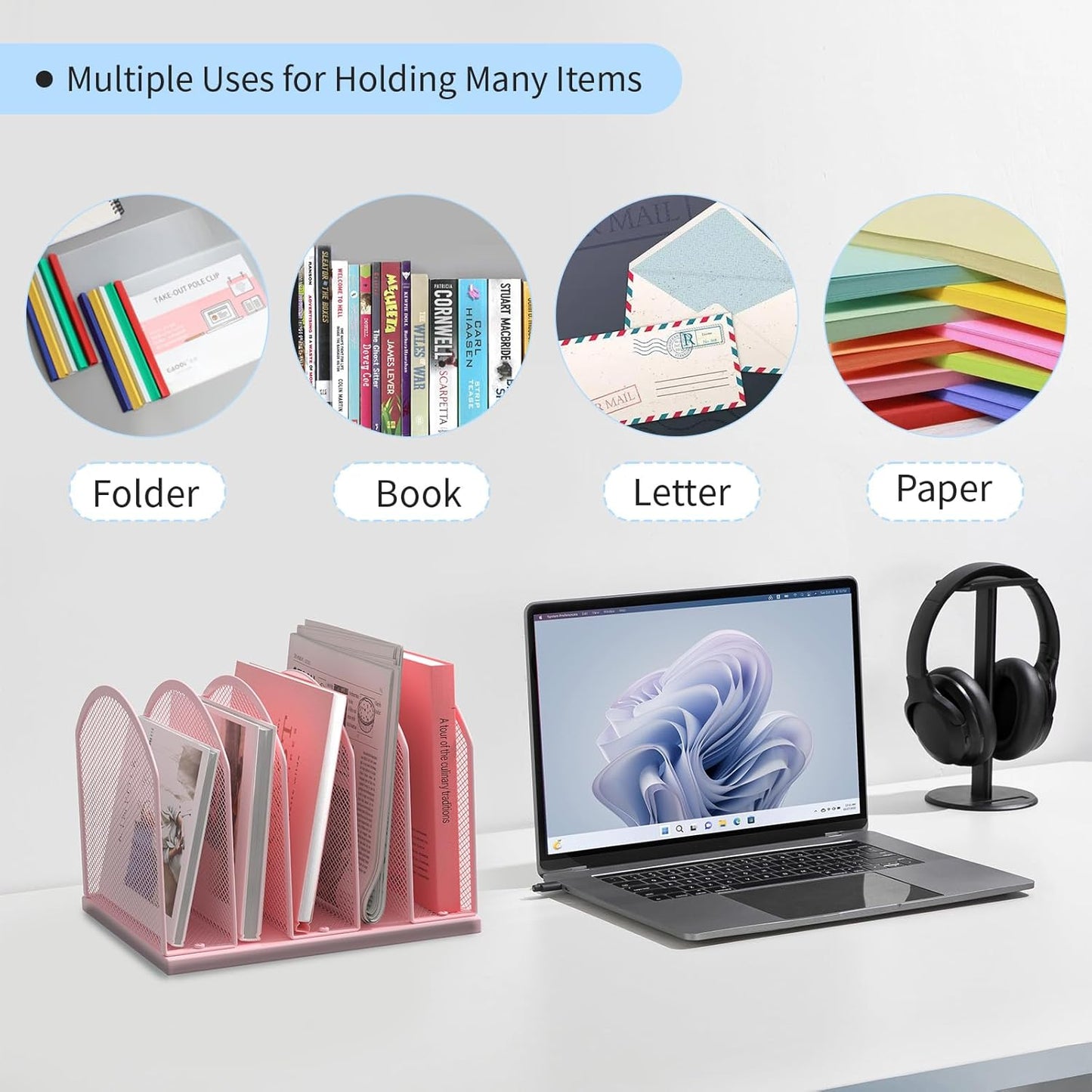 5-Section Vertical Desktop Organizer, 5-Section Mesh File Folder Stand Sorter for Office Home Classroom Organization (1, Pink)