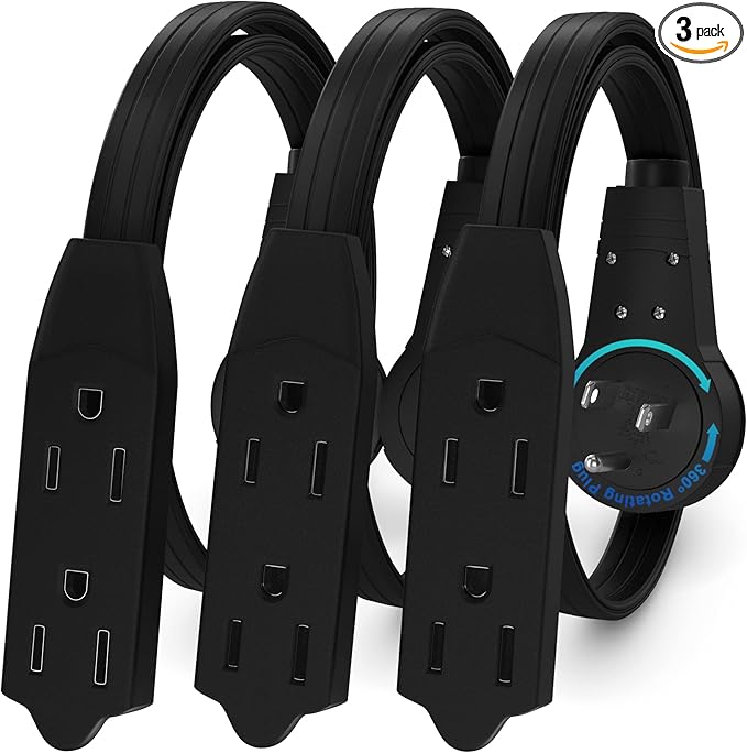 Maximm Cable 1 Ft 360° Rotating Flat Plug Extension Cord/Wire, 16 AWG Multi 3 Outlet Extension Wire, 3 Prong Grounded Wire - Black - 3 Pack - UL Certified
