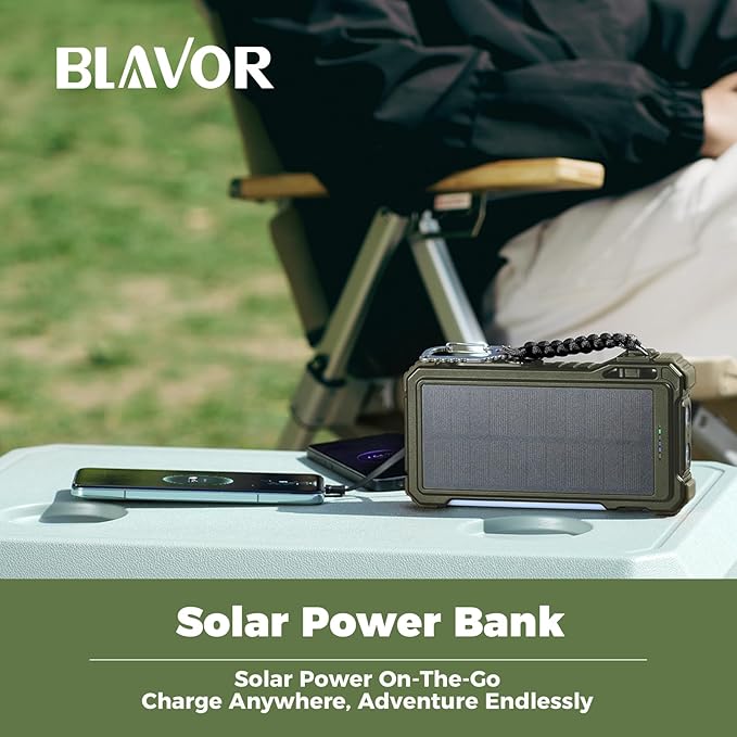 BLAVOR Solar Power Bank 20000mAh/74000mWh Built-in Cables, Wireless Charger for Apple Watch, 20W Fast Charging Battery Pack with USB C, Flashlight, Solar Charger for iPhone, iPad, iWatch, Samsung