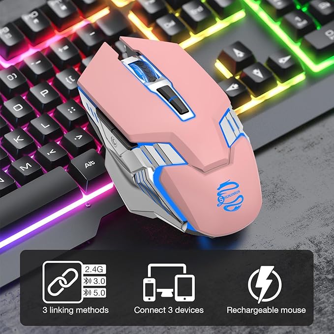 Wireless Mouse Bluetooth, Silent Rechargeable Multi-Device Mouse, BT5.0/3.0 and USB Cordless Computer Mice, RGB Light up Gaming Mice for Laptop PC Mac Macbook Air/Pro iPad Tablet Office Games -Pink
