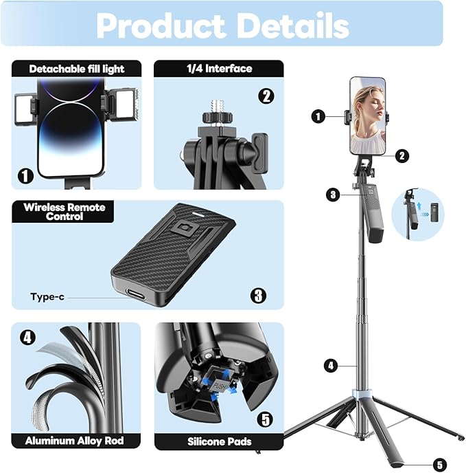 71" Selfie Stick Phone Tripod with Wireless Remote & 2 Fill Lights, Extendable Aluminum Phone Stand for iPhone/Android/Camera, Portable Travel Tripod for Vlogging, Live Streaming, Video Recording