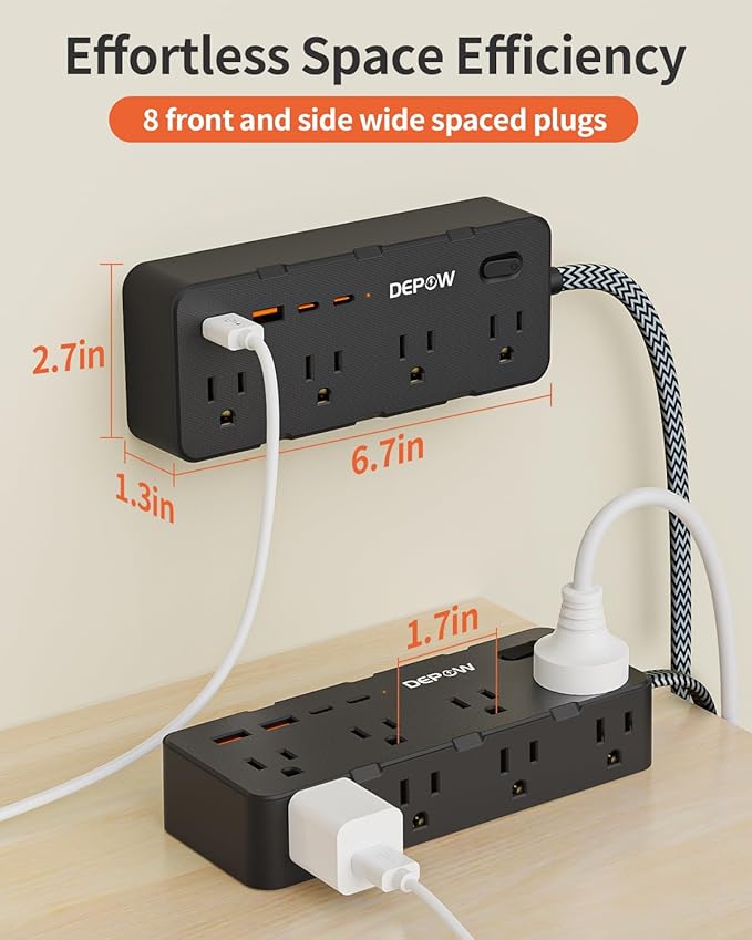 Power Strips with Surge Protection, 5FT Braided Extension Cord with Multiple Outlets-8 AC Outlets 4 USB Ports (2 USB C), Flag Plug, 1700 Joule Surge Protector for Home Office, Black