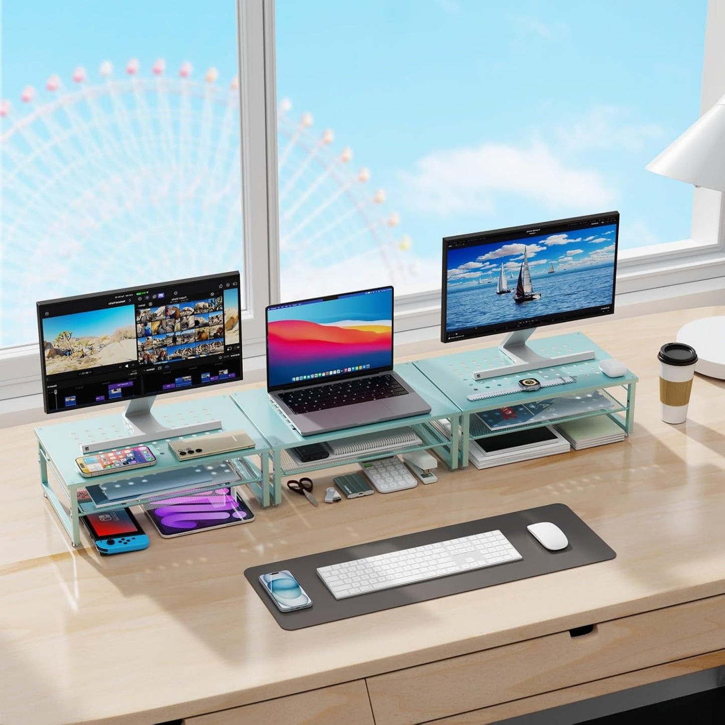 gianotter 2-Tier Metal Monitor Stand Riser, Desk Organizer for Monitor, Office Desk Storage Organizer for Office Supplies (Blue)