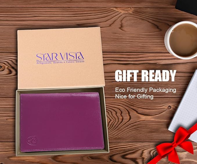 STAR VISTA Phoenix Leather Passport Holder, Calfskin Travel Wallet - RFID Blocking, ID Window, Zipper Pocket, Pen & Notebook Included, Violet