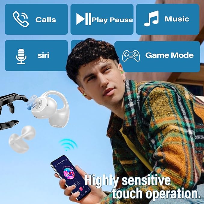 Open Ear Earbuds,Wireless Earbuds Bluetooth 5.4 Ergonomic Clip-On Ear buds, Bone Conduction Over The Ear Headphones 48H Playtime, Perfect Running Headphones for Sports IPX7 Waterproof Touch Controls