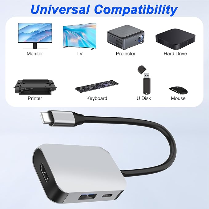 XMSJSIY USB Type-C Hub 3 in 1 Multiport Splitter Adapter with 4K HDMI & 5Gbps USB 3.0 & 100W Type-C PD Fast Data Transfer and Charging for Laptop,PC,TV Phone -1PCS