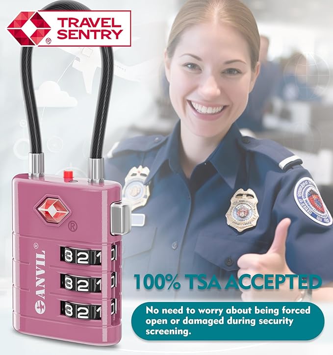 ANVIL TSA Approved Luggage Locks – High Security TSA008 Combination Travel Locks with Inspection Indicator for Suitcases and Backpacks. (3, Rose Purple)