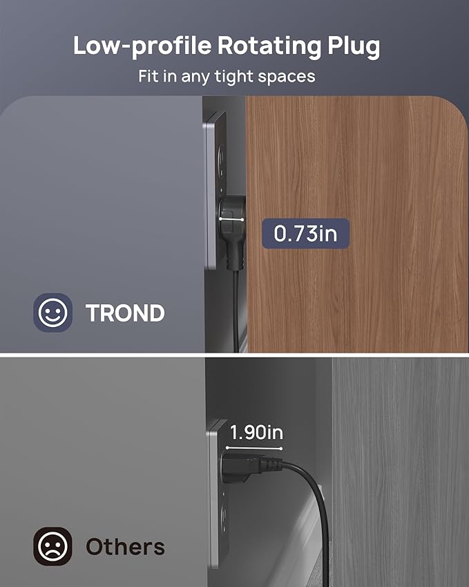 TROND 360° Rotating Flat Plug Extension Cord 10ft, Low Profile Small Power Strip, 3 Side Grounded Outlet, 13A, SPT 16/3 Gauge Cable for Indoor Home Office Kitchen Cruise Travel Essentials, Black