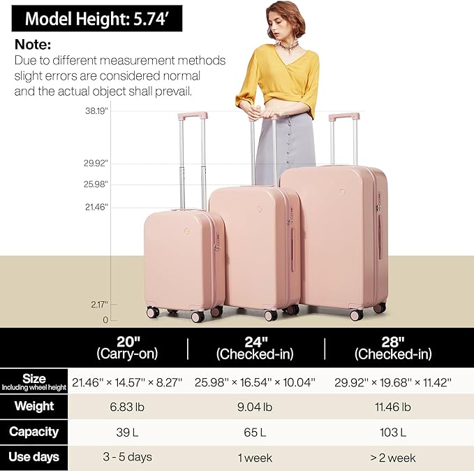 mixi Luggage Suitcase with Spinner Wheels, Hardside Rolling Suitcase PC with Cover & TSA Lock Lightweight Travel Case 24in Checked in, Pink