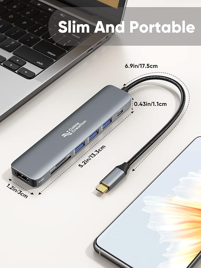 USB C Hub Multiport Adapter, CableCreation 7-in-1 USB C HDMI Hub with 4K 30Hz HDMI, 100W PD, 3 USB 3.0 5Gbps Data Ports, SD/TF Cards Reader for MacBook Pro/Air, iPad Pro, Pixelbook, XPS