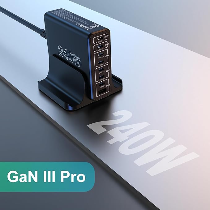 URVNS 240W USB C Charger, 8-Ports Compact GaN PD 100W PPS 45W QC20W Multiport Fast Charging Station for MacBook Laptop, iPhone 16 15 Pro Max, iPad, Galaxy S24 S22, Pixel and More