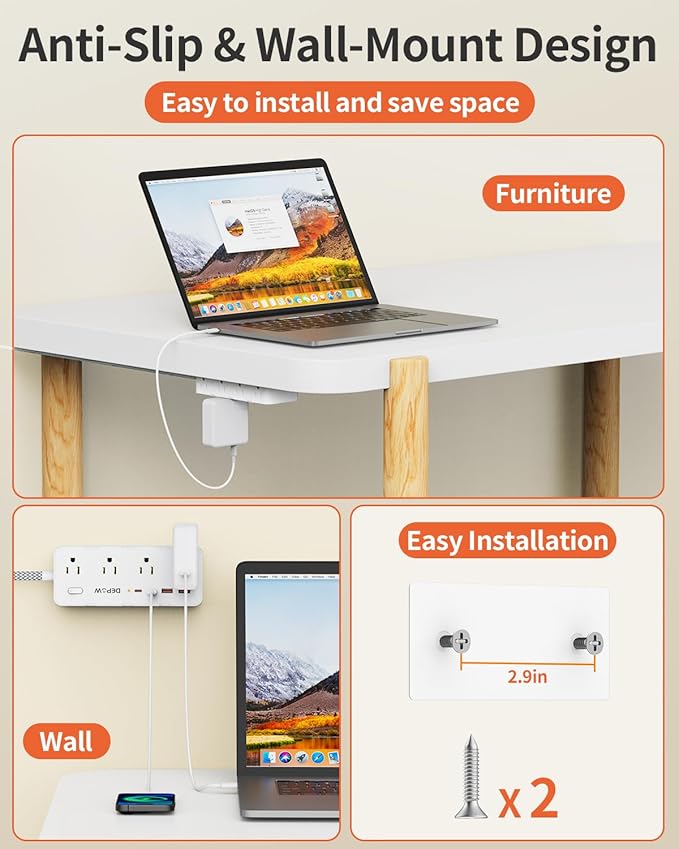 Power Strip Surge Protector, 5FT Braided Extension Cord with Multiple Outlets-8 AC Outlets 4 USB Ports (2 USB C), Flag Plug Charging Station, 1700 Joule Surge Protection for Home Office, White