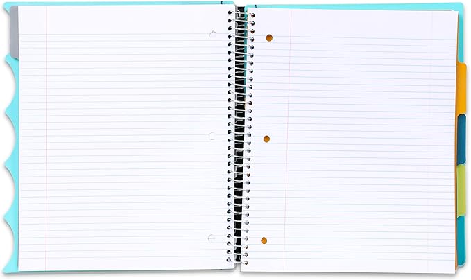 Mintra Office Durable PREMIUM Spiral Notebook, ((Teal, 5 Subject, 8.5in x 11in)), Fabric Covered Coils, No Snags, Removable Adjustable Pocket Dividers, Ruler, Organization, Customizable