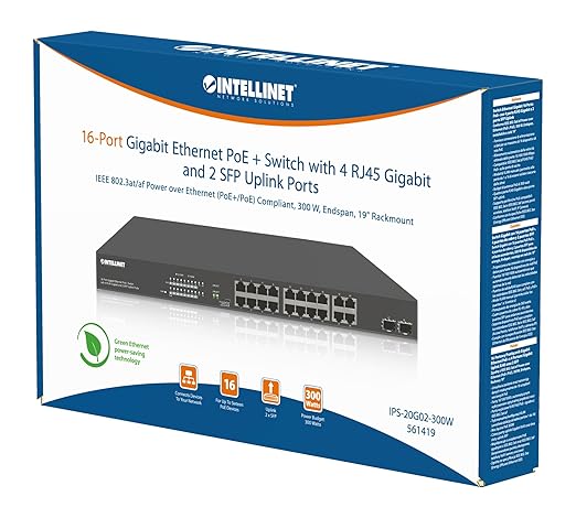 Intellinet 16 Port PoE+ Ethernet Switch with 4 RJ45 Gigabit and 2 SFP Uplink Ports - 300W Power Budget, Output up to 32W Per Port, Unmanaged, Wall Mountable/Desktop, VLAN Mode-3 Yr Mfg Warranty–561419