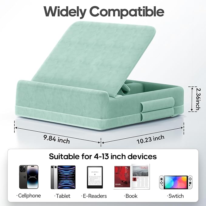 KDD Tablet Pillow Stand with Storage, Foldable iPad Holder for Bed, Lap and Desk, Angle Adjustable Soft Pad Dock with Stylus Mount Compatible with iPad Pro 12.9, 11, Air, Mini, Phones, Books (Green)