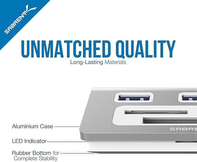 SABRENT Premium 3 Port Aluminum USB 3.0 Hub with Multi in 1 Card Reader (12" Cable) for iMac, All MacBooks, Mac Mini, or Any PC (HB-MACR)