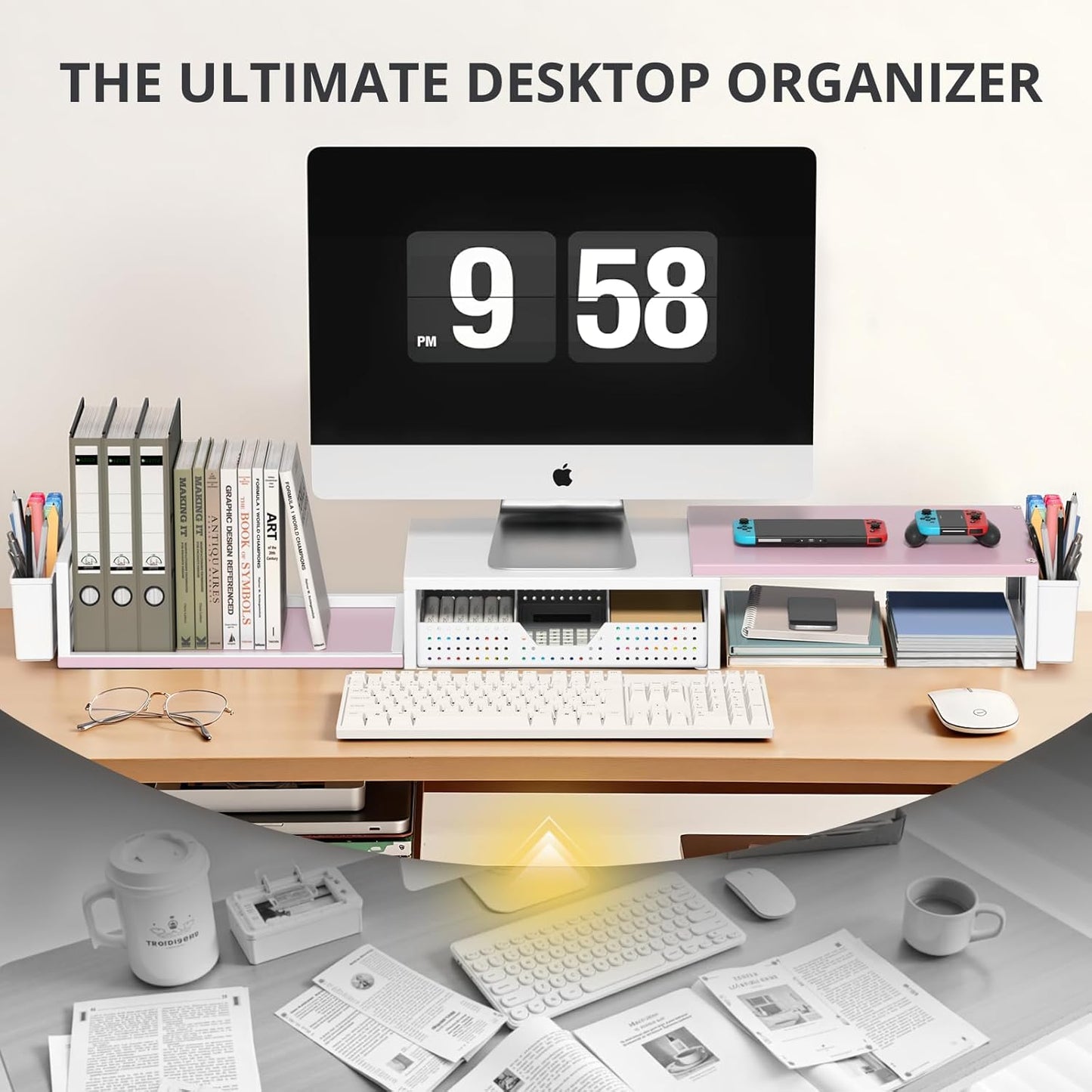 Desk Dual Monitor Stand Riser - Desk Organizer with Drawer and Pen Holders, Office Desk Accessories & Workspace Organization, Computer Monitor Stand for Laptop, Printer(Pink& White)