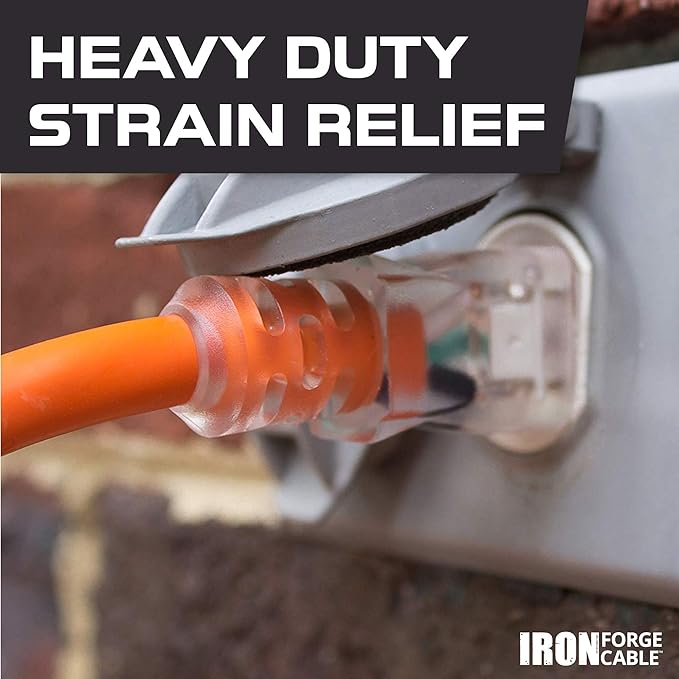 IRON FORGE CABLE 50 Ft Orange Extension Cord - 12/3 SJTW Heavy Duty Lighted Outdoor Extension Cable with 3 Prong Grounded Plug for Safety, 15 AMP - Great for Garden & Major Appliances