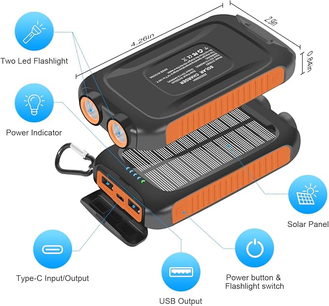 Portable Charger Solar Power Bank 20000mAh with USB-A and USB-C 5V/3A Output Port Battery Pack Compatible with iPhone, Samsung, iPad, Waterproof Emergency LED Flashlights Perfect for Camping, Hiking