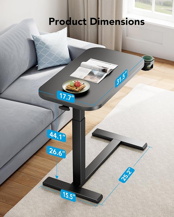 HUANUO Bedside Table with Wheels, Height-Adjustable Rolling Computer Cart, Overbed Table with Cup Holder, Pneumatic Laptop Standing Desk for Home Office, Black (31.5" x 17.7")