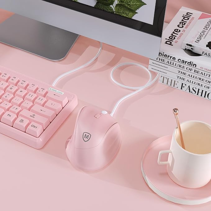 Micropack Ergonomic Mouse Wired for Laptop, PC Computer and Desktop, Ergo Mouse Vertical with Silent Clicks, Up to 3200 DPI Adjustable Mouse Sensitivity, Pink