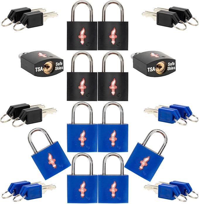 12 Pack Travel Lock, TSA Luggage Lock for Luggage, Suitcases & Gun Cases - Solid Brass Security Lock with Colored Shell (12 Colors: Black/Blue)