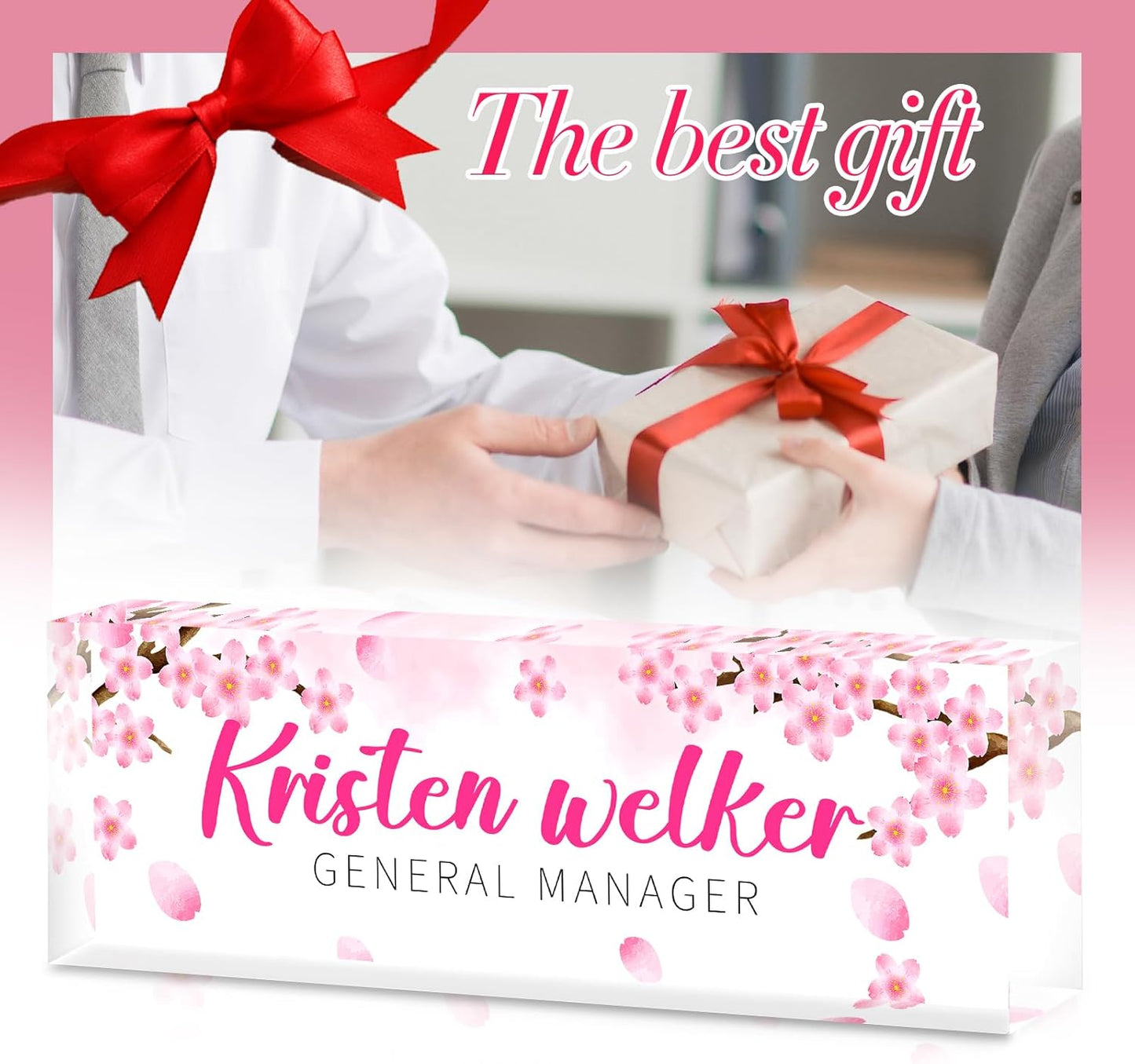 Personalized Name Plate for Desk - Custom Engraved Name Plates for Woman - Boss Day Gifts for Ladies- Pink Office Decor Appreciation Gifts for Teacher Nurse Coworker Social Worker (cherry blossom)