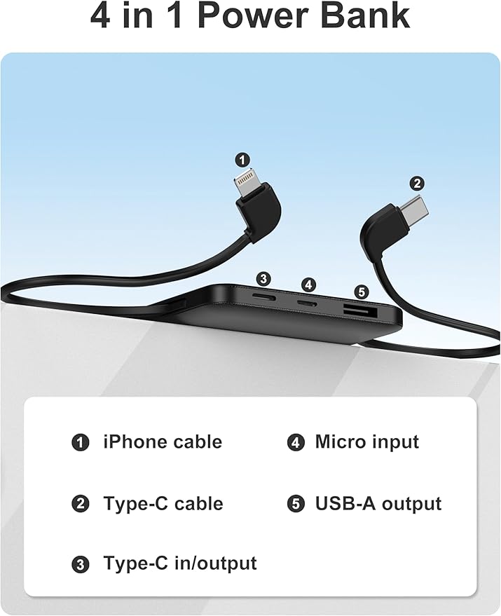 10000mAh Slim Portable Charger with Built in Cable, Power Bank Travel Charger External Battery Pack for Phone, 4 Output USB Type C Cord Clutch Charger Compatible with iPhone, 2 Pack Black & Pink