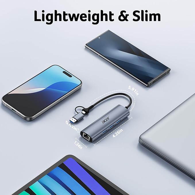 Acer USB to Ethernet Adapter, USBC Hub Ethernet 1Gbps with 3*USB 3.0, Aluminum Heat Dissipation, Driver Free, USB to Network Adapter for Windows 10, 8.1, Mac OS, Laptop, MacBook Pro, iPad, XPS, etc