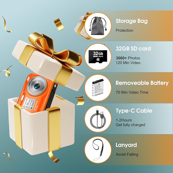 4K Underwater Camera, 64MP 16FT Waterproof Digital Camera with 32GB Card, Autofocus Floatable Waterproof Camera with IPS HD Screen, 16X Digital Zoom, Fill Light, for Snorkeling, Surfing, Orange