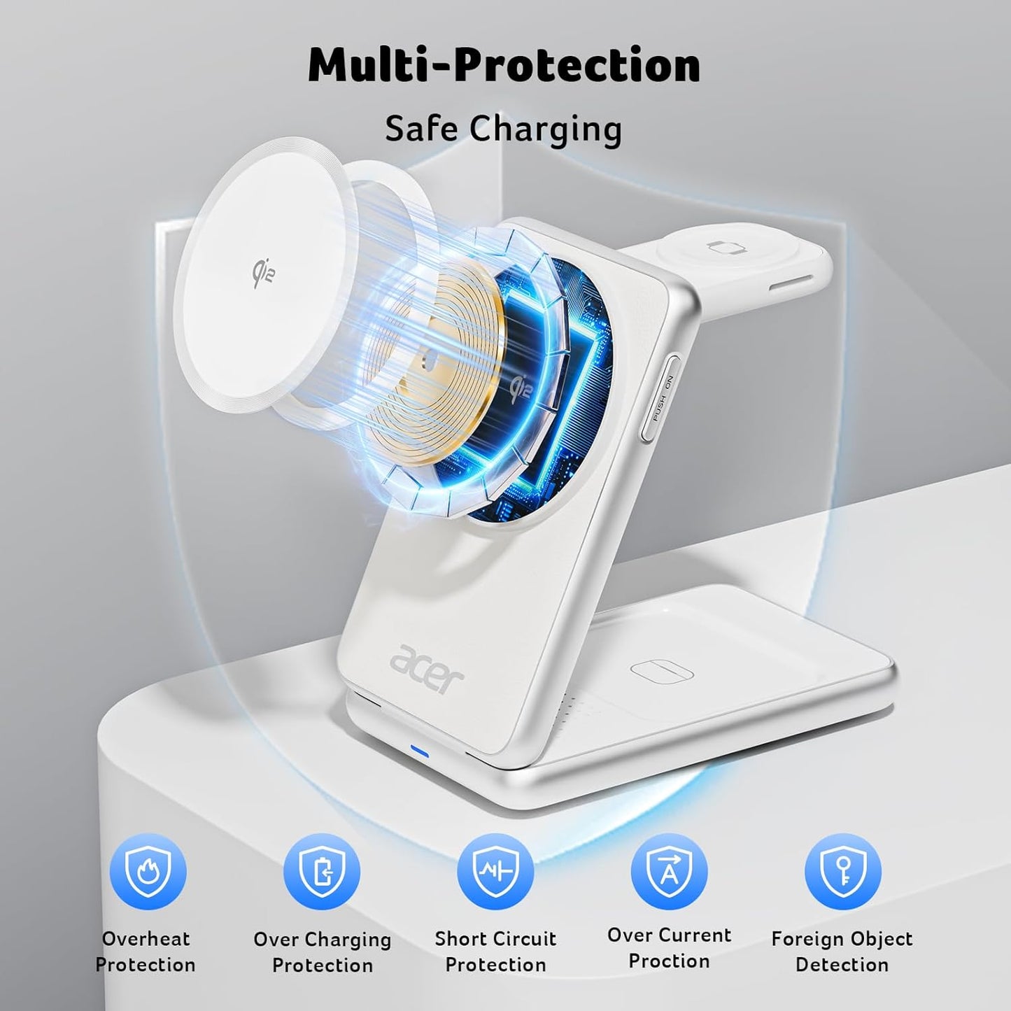 Acer Magnetic Wireless Charger, 3 in 1 Wireless Charging Station, 15W Fast MagSafe Charger for iPhone 16 15 14 13 12 Series -Apple Watch 10 9 8 7 6 5 4 3 2 SE and Ultra Series-Airpods 4 3 2 Pro Series