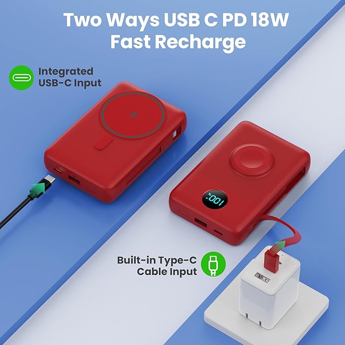 Magnetic Portable Charger 10800mAh for iPhone with Built-in Cables, 6-in-1 Wireless Power Bank with iWatch Charger, 25W PD Fast Charging USB C Battery Pack for iPhone 16/15/14/13/12, Apple Watch(Red)