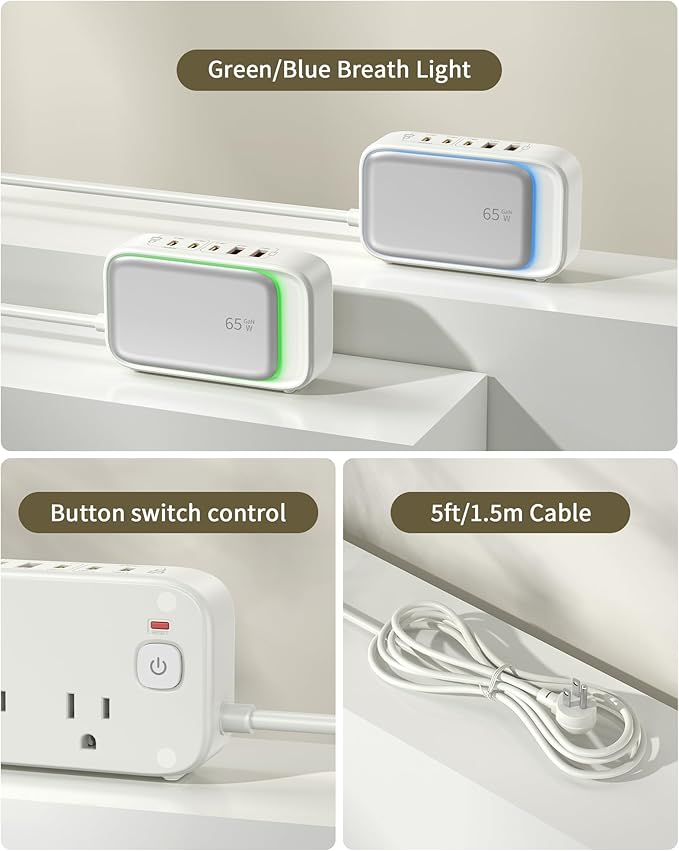 Power Strip with USB C,5 Port USB C Charger Station,White Surge Protection 1200J,5FT Flat Extension Cord USB Charging Hub for Multiple Devices (Pearl White, 30w)